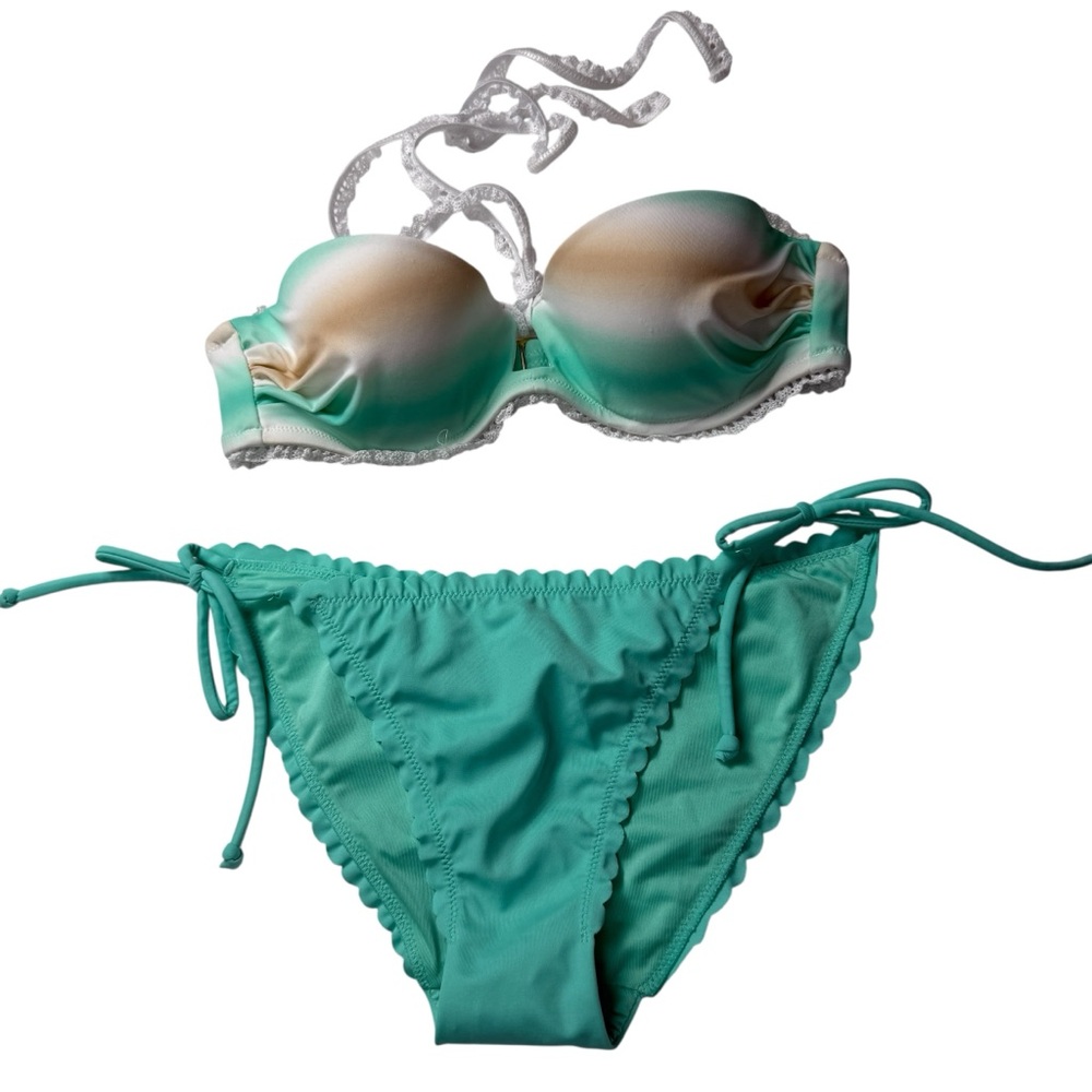 VTG Victoria's Secret Lace Bandeau Strapless Bikini Swim Sea Green SZ S 34A New